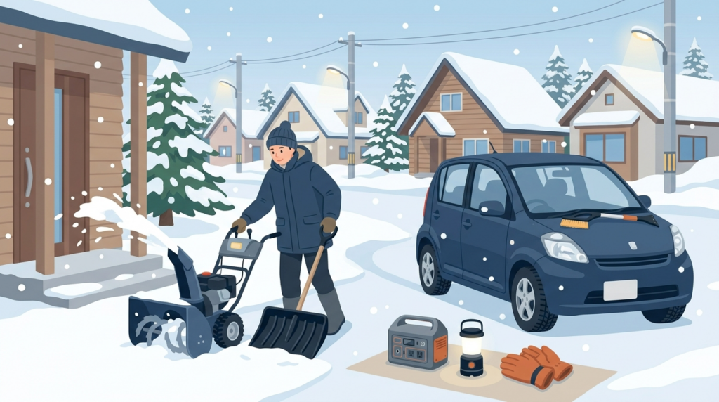 北海道の大雪に備えて除雪道具、車載用品、ポータブル電源、防寒グッズを準備する冬の防災対策イラスト。