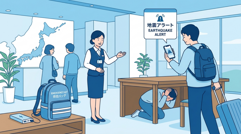 日本で地震が起きた際に、旅行者がスマホで地震速報を確認し、日本人スタッフの案内で落ち着いて安全行動を取る様子を描いた防災イラスト。