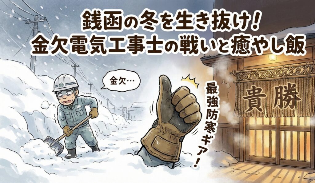 ブログ記事「銭函の冬を生き抜け！金欠電気工事士の戦いと癒やし飯」のアイキャッチイラスト。豪雪の中で雪かきをする金欠の電気工事士、温かい食事処「貴勝」の入り口、そして「最強防寒ギア」の手袋が描かれている。