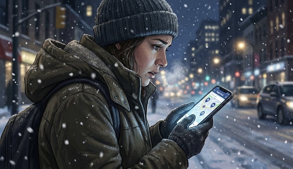 大雪の夜、屋外で不安そうな表情を浮かべながら、スマートフォンの地図アプリ画面を見つめてホテルを探している人物のイラスト