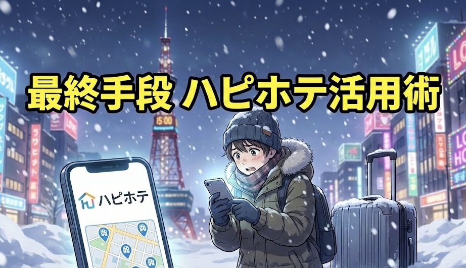 大雪の札幌の夜、スーツケースを持ち不安そうにスマホで「ハピホテ」アプリを検索している旅行者のイラスト。画像内の文字は「最終手段 ハピホテ活用術」。