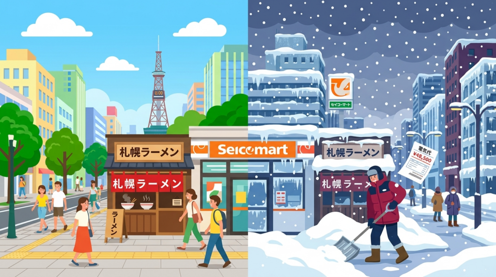 夏の札幌の魅力（ラーメン・セイコーマート・青空）と冬の厳しさ（雪かき・暖房費）を左右に描いた移住イメージのイラスト。