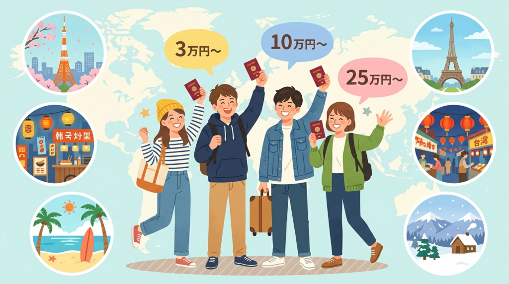 2026年版・大学生の卒業旅行おすすめスポットを示すイラスト。国内の北海道・沖縄・京都から海外の韓国・台湾・ヨーロッパまで、予算別の人気旅行先を明るくデザインした図解。
