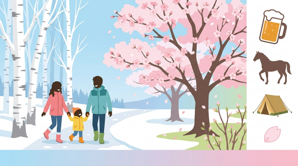 2026年春休みの北海道旅行・イベントをイメージしたイラストバナー。雪解けの北海道を歩くファミリーと桜の木、各種イベントアイコンを組み合わせた明るい春のアイキャッチ画像