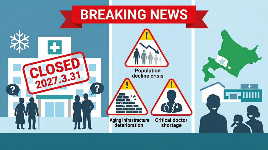 函館赤十字病院（病床137床・11診療科）が2027年3月31日をめどに閉院検討——人口減少・老朽化・医師不足の三重苦による閉院理由・現在通院中の患者の今後・市立函館病院への患者集中と混雑リスクをわかりやすく解説するニュースイラスト｜日本赤十字社公式発表・北海道新聞・日テレNEWS確認済み【2026年3月23日速報・随時更新】
