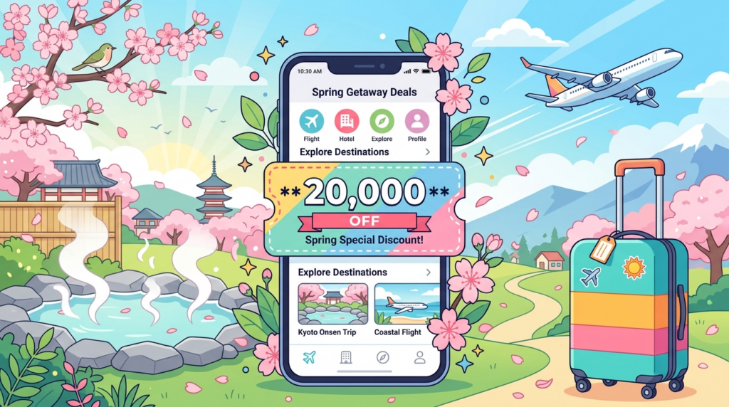 じゃらんクーポンフェス最大2万円割引クーポンのイメージイラスト
