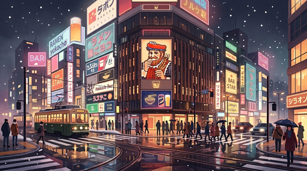 札幌すすきの交差点のニッカウヰスキー巨大看板リニューアルのイメージイラスト