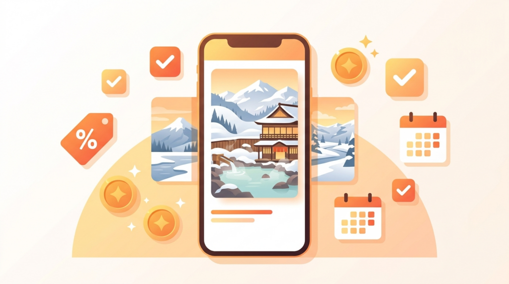 スマートフォンで北海道の温泉旅館を検索・予約するイラスト。割引タグやポイントコインのアイコンが並び、お得な宿泊予約のイメージを表現。