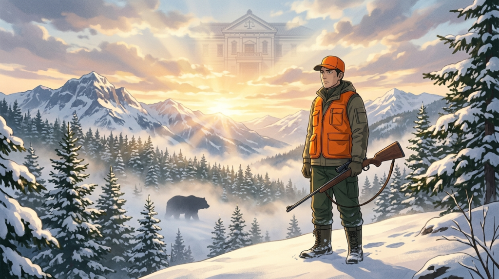 砂川猟銃訴訟で逆転勝訴した北海道のヒグマ駆除ハンターをイメージしたイラスト

