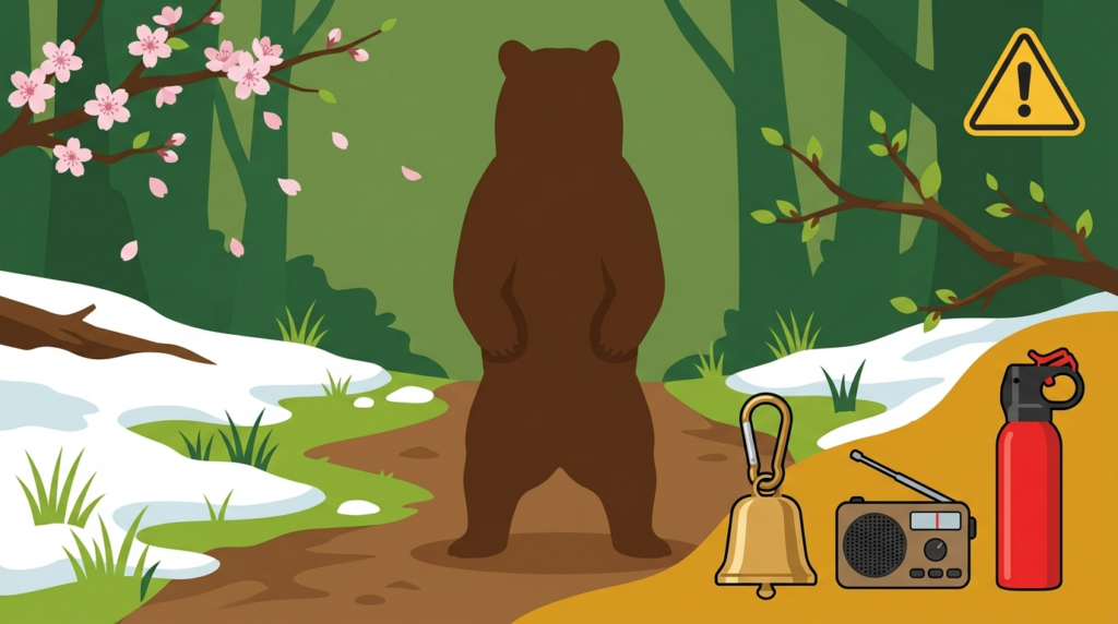 冬眠明けのクマと熊よけ鈴・携帯ラジオ・熊撃退スプレーの対策グッズをイメージしたイラスト
