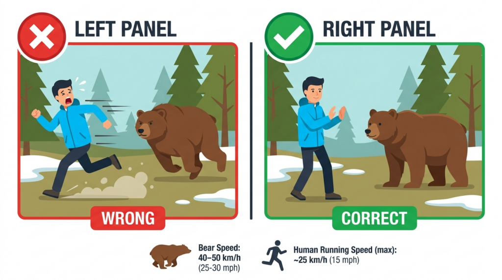 熊遭遇時のNG行動と正しい対応を対比させた安全教育イラスト
