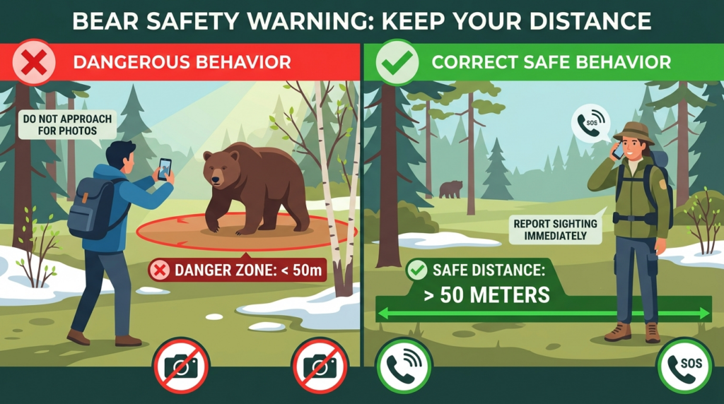 SNS時代の危険行動「クマ撮影」に対する安全警告イラスト