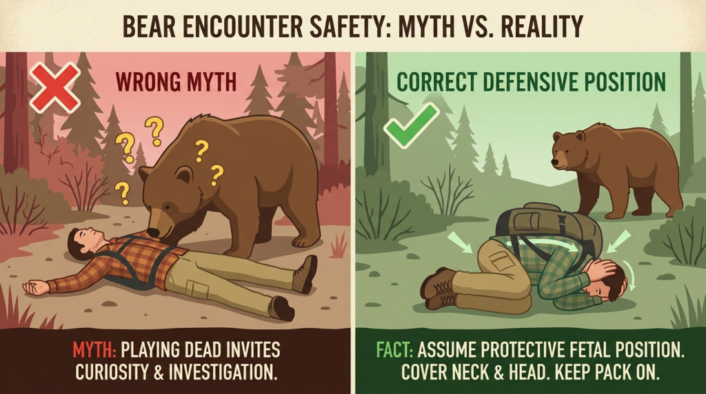 「死んだフリ」の危険な迷信と正しい防御姿勢を対比させた安全教育イラスト