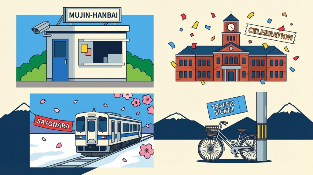 2026年3月31日の北海道ニュースをイメージしたイラスト（無人販売所・赤れんが庁舎・留萌線・自転車青切符）
