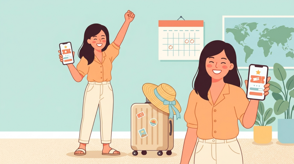 スマホでじゃらんクーポンを取得して喜ぶ女性と夏旅行グッズのイメージイラスト