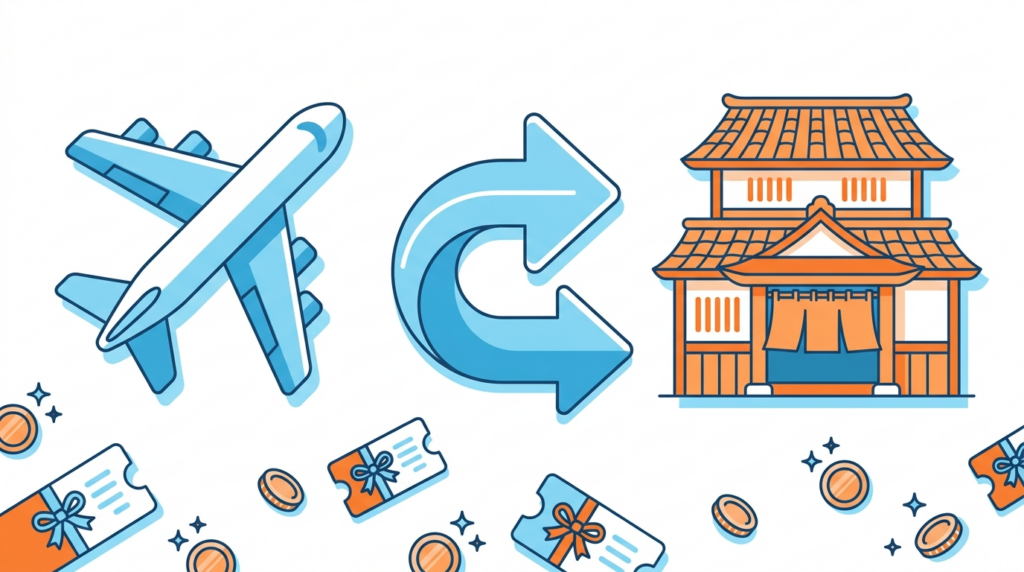 飛行機と温泉旅館をセット予約するイラスト。割引クーポンやコインアイコンが並び、国内旅行ダイナミックパッケージでお得に旅行するイメージを表現。