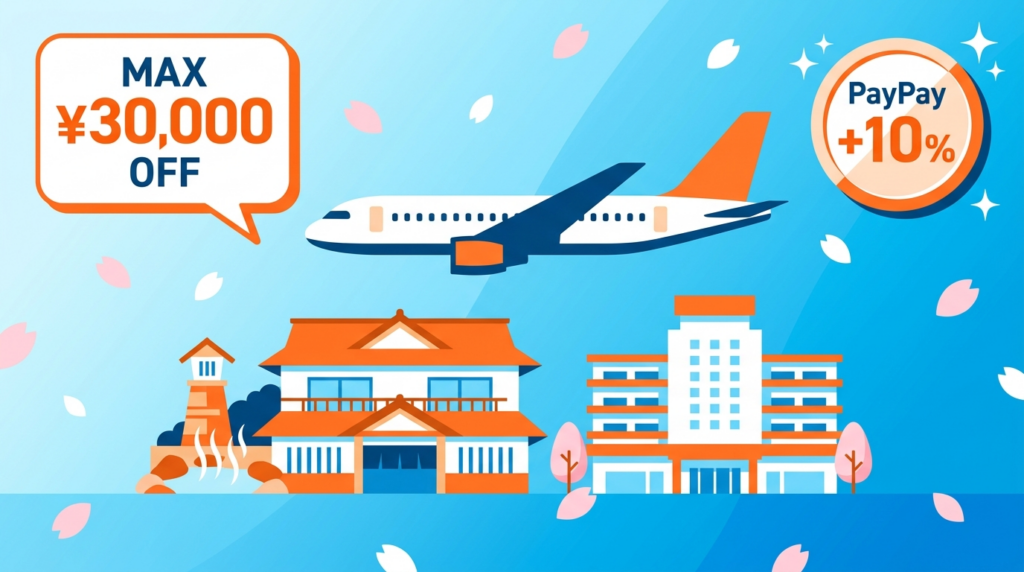 飛行機と温泉旅館のイラスト。割引クーポンとPayPayポイント還元のアイコンが並び、ヤフーパックウルトラセールでお得に春夏旅行を予約するイメージを表現。