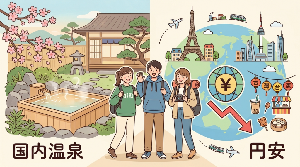 2026年円安時代の大学生卒業旅行イメージ｜国内温泉と海外旅行を比較したフラットデザインイラスト
