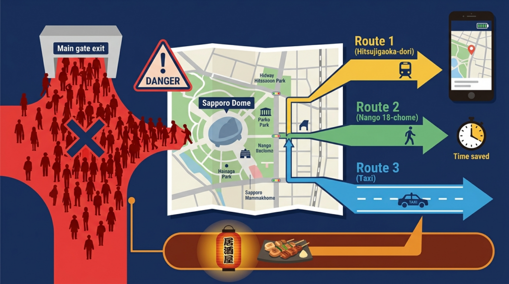 札幌ドーム帰りの福住駅正面ルートに赤いバツ印、羊ヶ丘通り・南郷18丁目徒歩・タクシーの3つの回避ルートが矢印で示されたイラスト。下部に地元居酒屋のアイコンとスマホ地図が描かれた、遠征ファン向けの帰宅ルート攻略インフォグラフィック。