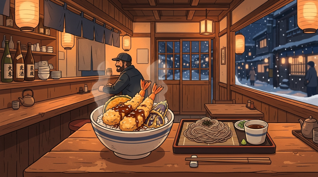 旭川「そば処 四條庵」の天丼と蕎麦セットを描いたイラスト。雪景色の窓を背景に、エビ天・ナス・カボチャが乗った天丼と更科蕎麦が並ぶ出張族のための最強ランチセット。
