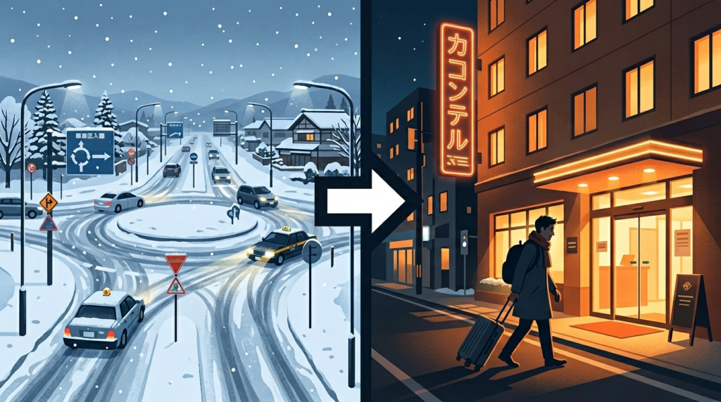 旭川の難所「常盤ロータリー」を抜けてTabist旭川ステーションホテルへ到着する出張族のイラスト。雪道ドライブの緊張からホテルの温かい灯りへの安堵感を表現。