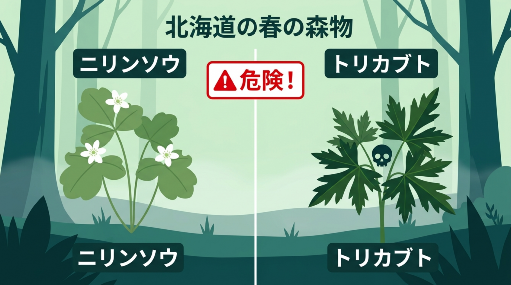 ニリンソウとトリカブトの比較イラスト。2026年春に北海道でトリカブト誤食による死亡事故が発生。山菜採りの安全のための見分け方解説記事アイキャッチ。
