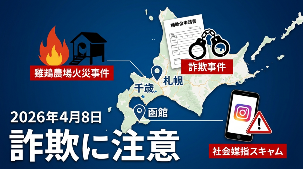 2026年4月8日北海道3都市事件マップ｜千歳市鶏舎火災・札幌市給付金詐取・函館市Instagram副業詐欺の注意喚起イラスト
