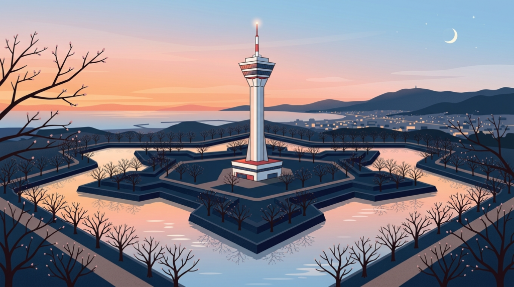 夕暮れの五稜郭タワーと蕾の桜並木イラスト｜2026年春・函館
