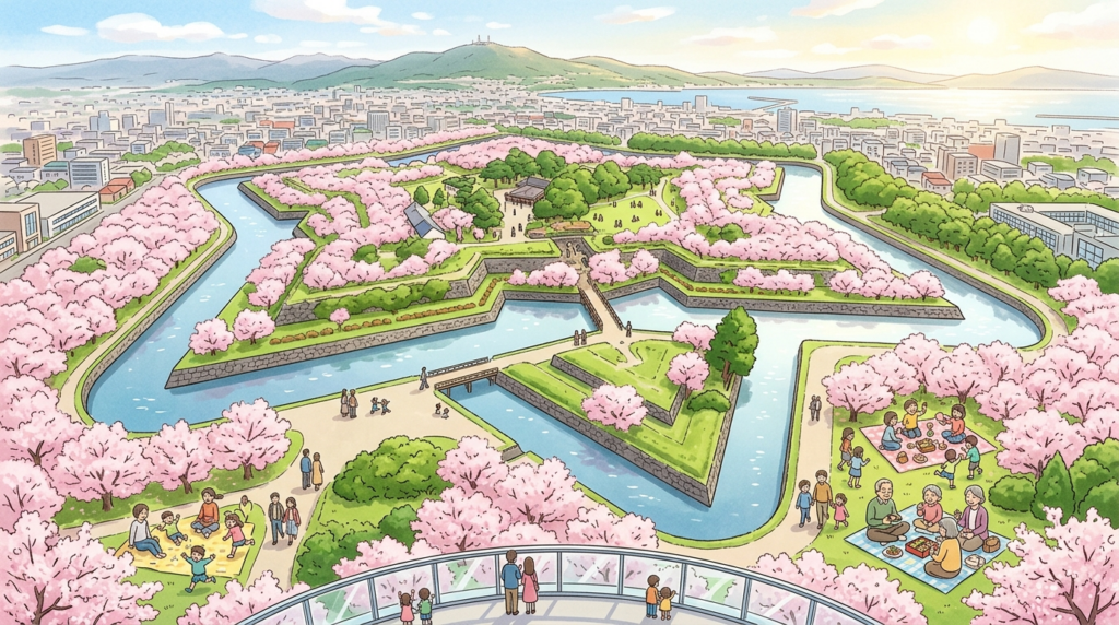 五稜郭タワーから見下ろす桜満開の五稜郭イラスト