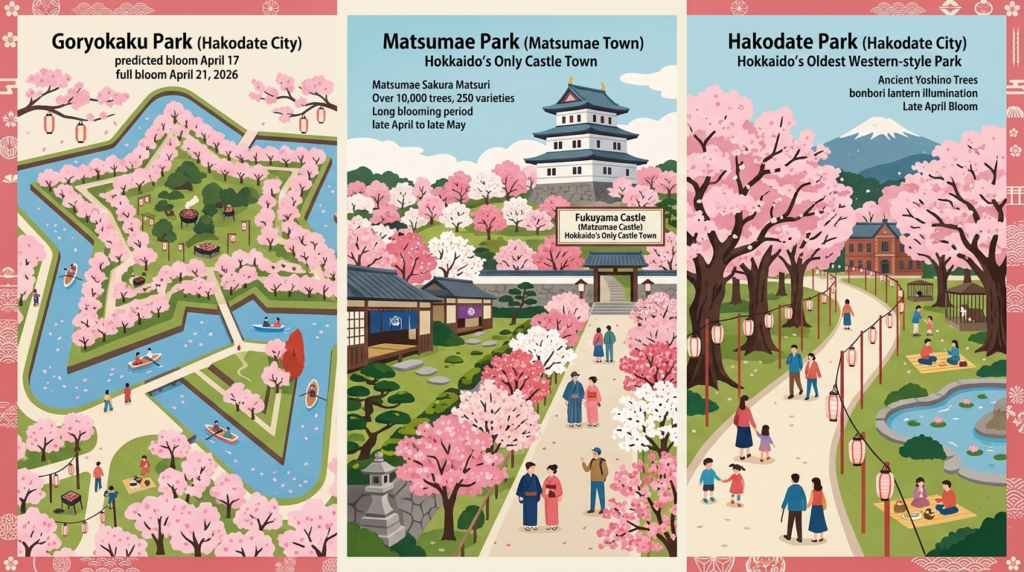 【道南・函館エリア】の桜スポット3カ所（五稜郭公園、松前公園、函館公園）を表現したイラスト