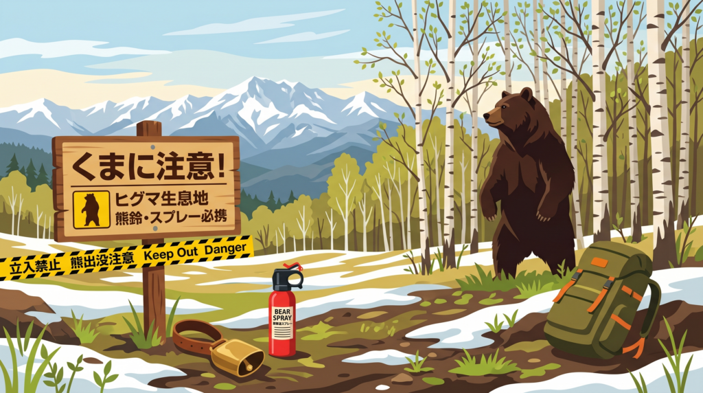 2026年春の北海道でヒグマが森の縁に立つイラスト。熊鈴・熊撃退スプレー・注意看板を手前に配置し、ヒグマ出没への備えを視覚的に表現
