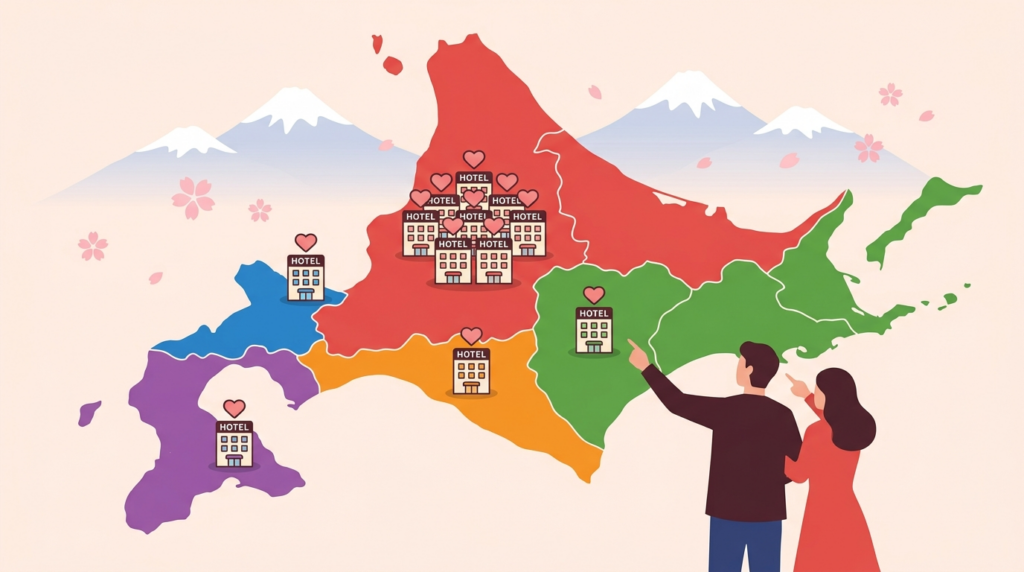 2026年北海道レジャーホテル地域別人気ランキングを示す北海道マップとホテルアイコンのイラスト