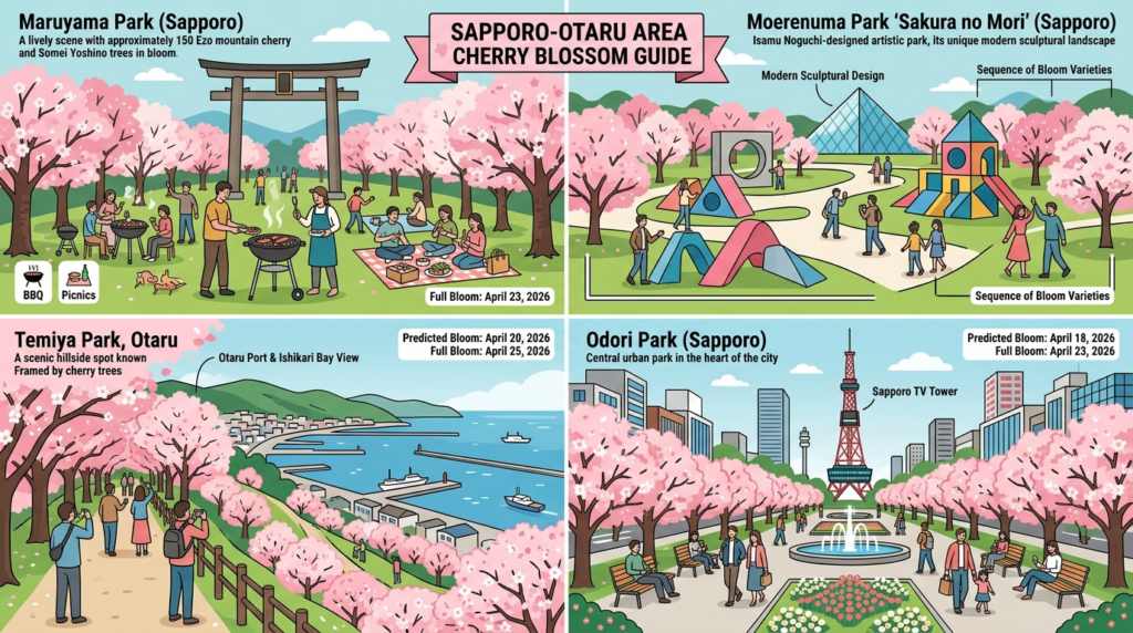【札幌・小樽エリア】の桜スポット4カ所（円山公園、モエレ沼公園、中島公園、手宮公園）を表現したイラスト