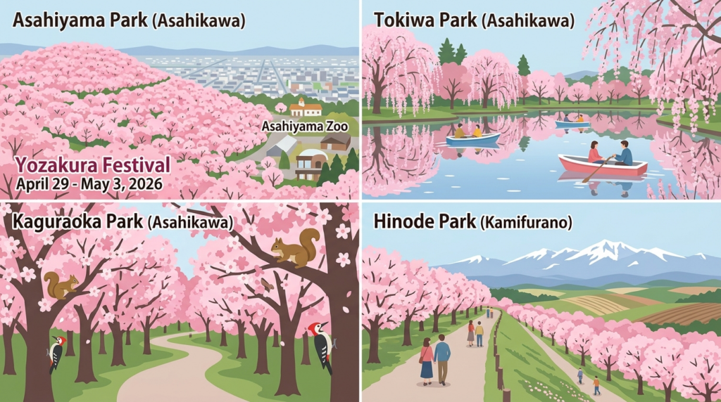 【旭川・美瑛・富良野エリア】の桜スポット4カ所（旭山公園、常磐公園、神楽岡公園、東大樹木園桜並木）を表現したイラスト