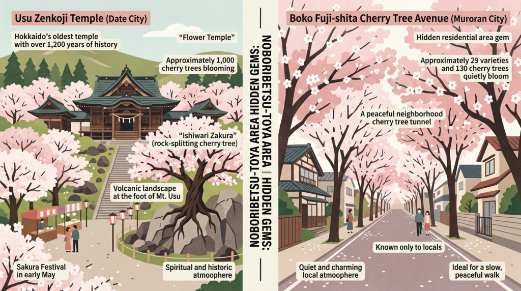 【登別・洞爺エリア】の桜スポット2カ所（有珠善光寺、母恋富士下の桜並木）を表現したイラスト