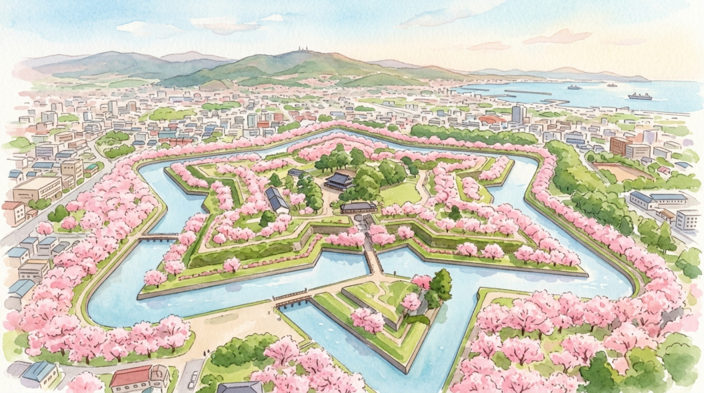 北海道の花見スポット2026年版｜五稜郭公園の桜イメージイラスト