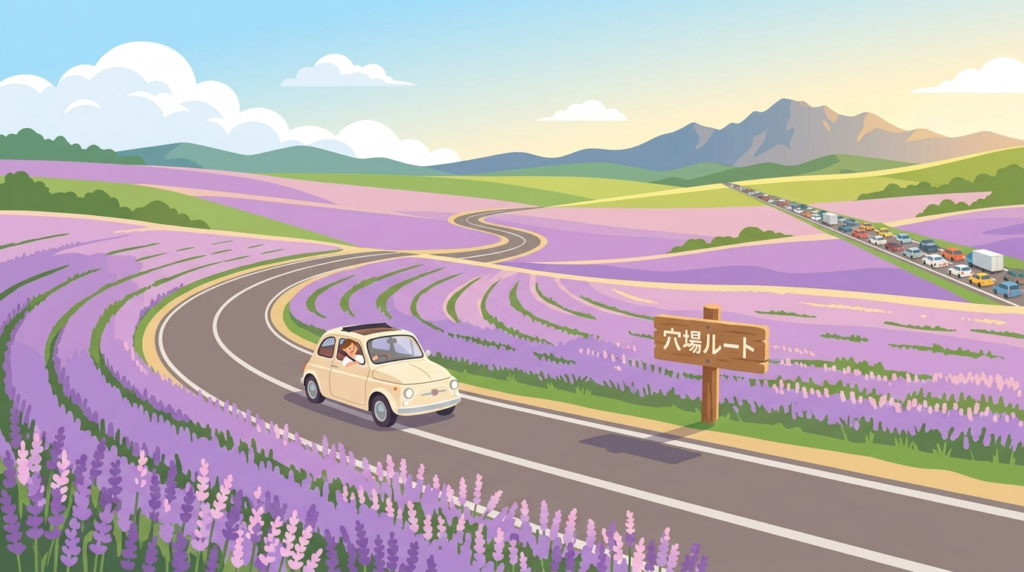 富良野のラベンダー畑と渋滞のない裏ルートを走る車のイラスト・北海道の青空と紫のラベンダー丘が広がる爽やかな夏の風景
