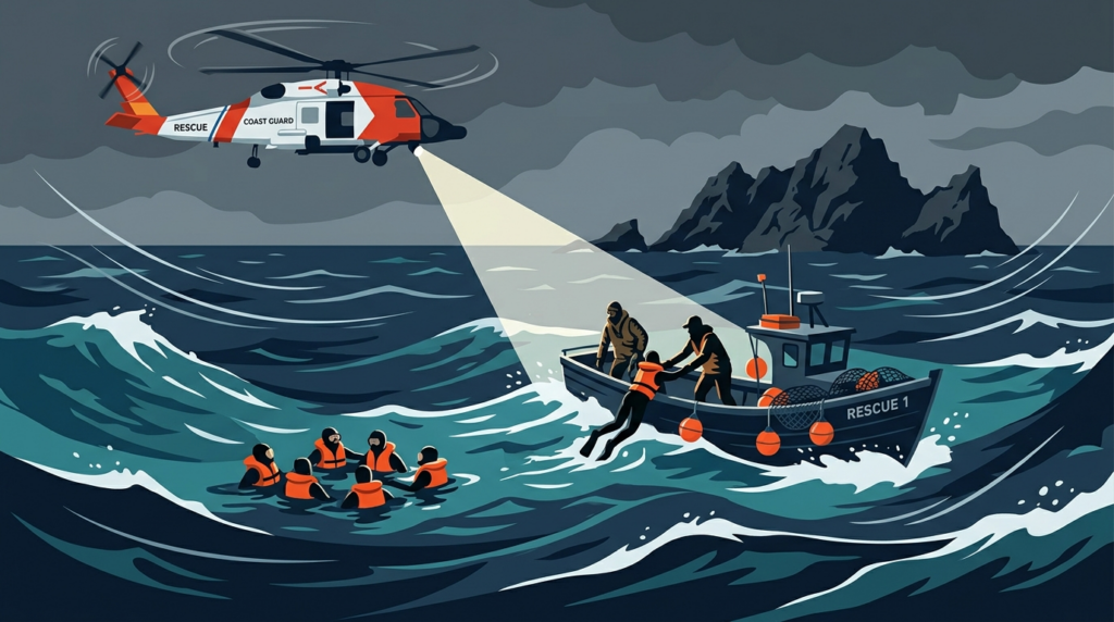 稚内市弁天島付近の荒波でダイビング中に漂流した9人が海上保安庁のヘリと漁船に救助されるシーンのイラスト・春の北海道の海の危険性を伝える安全啓発記事イメージ
