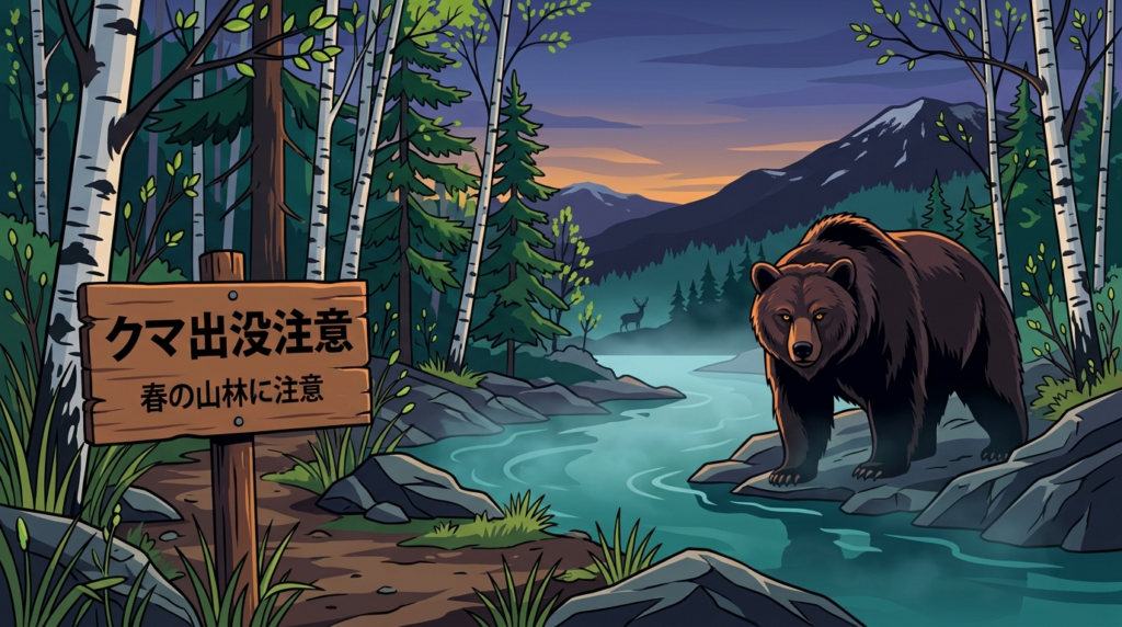 2026年春・北海道のヒグマ出没を示すイラスト。別海町のシカ捕食・根室のタンチョウ遭遇事例を受けた啓発記事のアイキャッチ画像。

