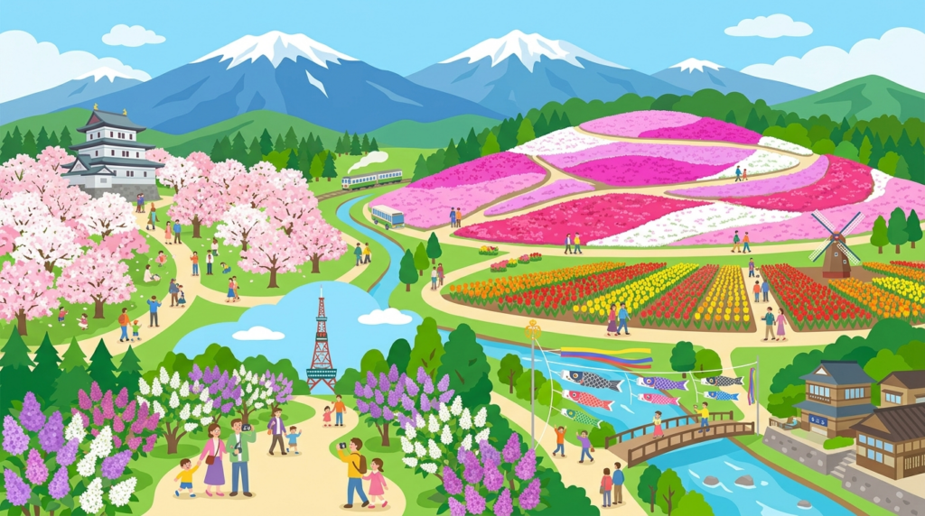 北海道の5月イベントを紹介するため、桜、芝桜、チューリップ、ライラック、鯉のぼりを描いた観光イメージイラスト。