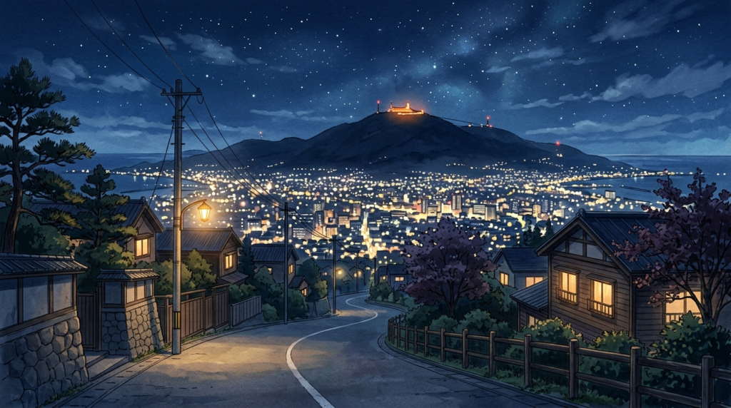 函館市東部の高台から眺めた夜景のイラスト。中央奥に函館山のシルエットが浮かび、山頂にロープウェイ駅のオレンジ色の灯りが灯る。手前には市街地の温かい光が広がり、両側には津軽海峡がうっすらと見える静かな夜の風景。