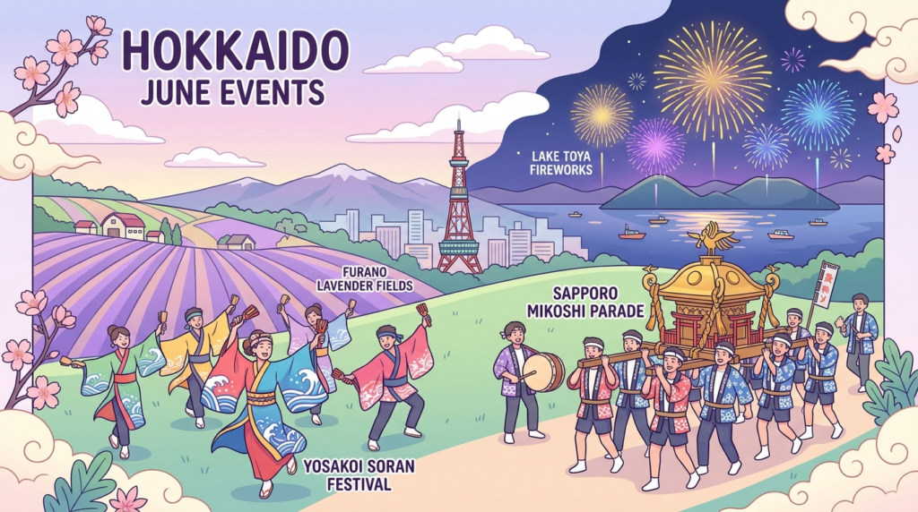 2026年6月の北海道イベントを描いたイラスト：YOSAKOIソーラン祭り・札幌まつり・洞爺湖花火・富良野ラベンダーを一枚に集約した観光ガイド図解