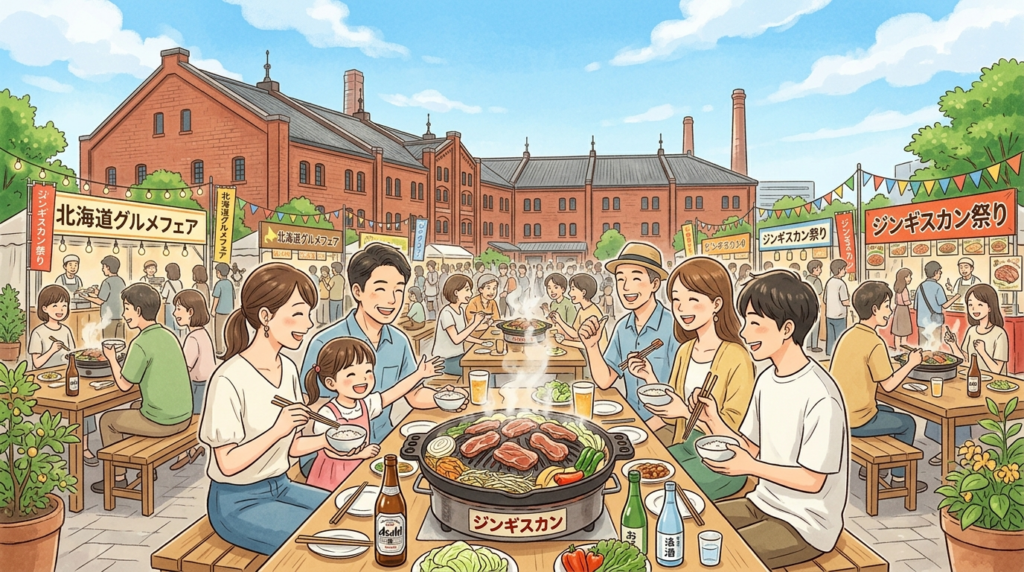 札幌の屋外イベント会場でジンギスカン鍋を囲み、ラム肉と野菜を焼きながら食べ比べを楽しむ人々のイラスト。