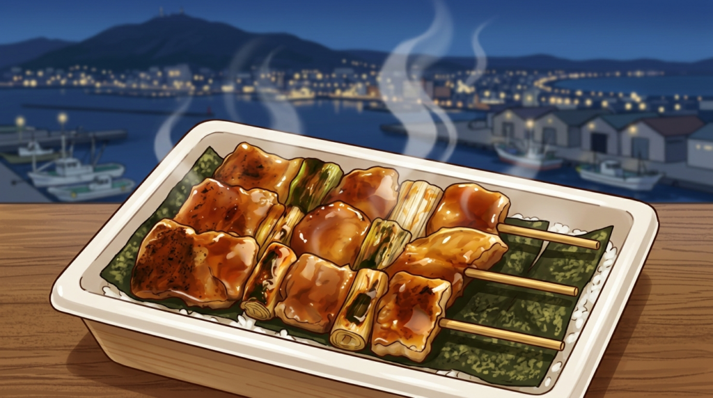 函館名物ハセガワストアのやきとり弁当をイメージしたイラスト。ご飯とのりの上に甘辛いたれの豚串がのり、背景に函館山と夜景が描かれている。
