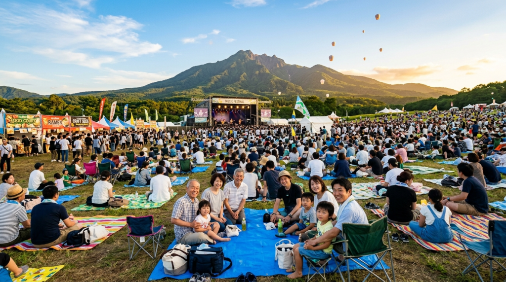 青空の下、美唄の広大な会場で三世代が音楽とピクニックを楽しむSORAONフェスの様子