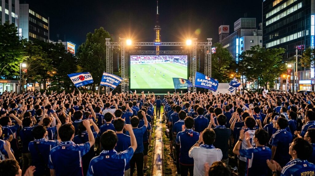 大通公園でW杯のパブリックビューイングを楽しむ札幌市民の群衆
