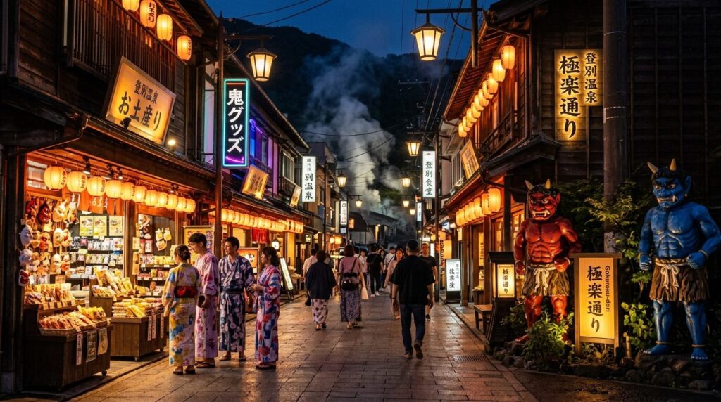 登別温泉の夜の極楽通り商店街でお土産を選ぶ浴衣姿の観光客