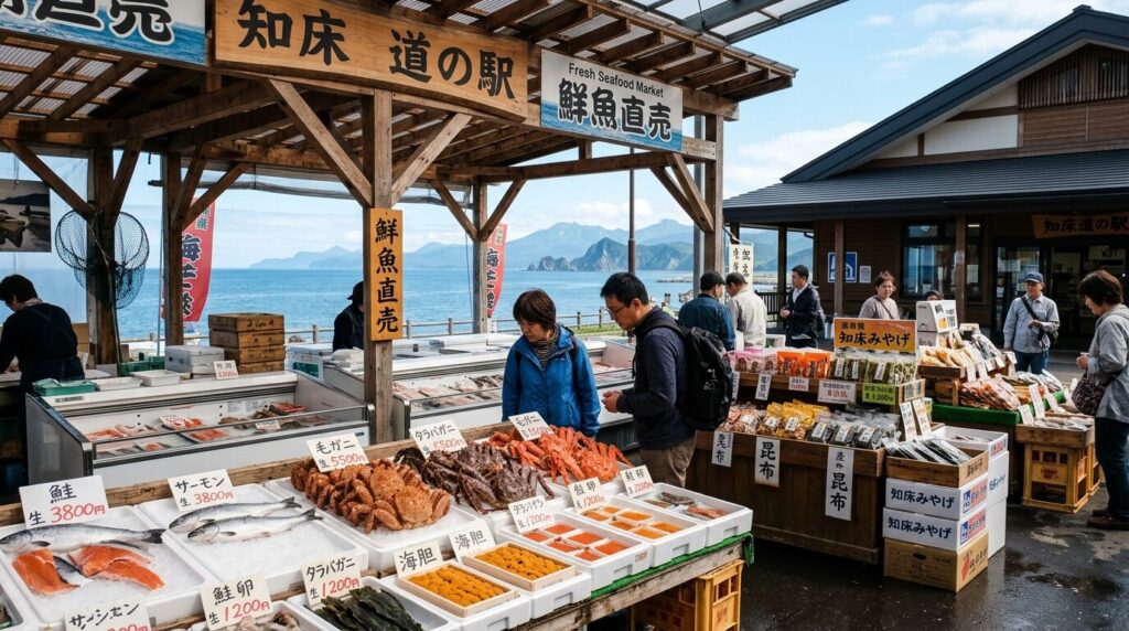 知床エリアの道の駅に並ぶ地元海産物のお土産