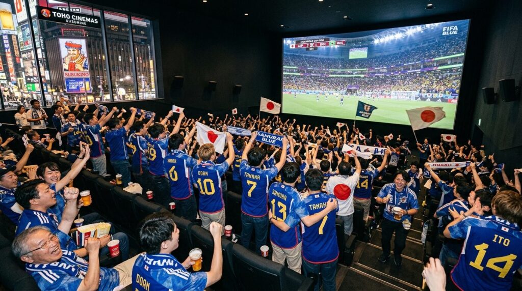 札幌すすきののTOHOシネマズでFIFAワールドカップ2026を観戦する
北海道のサポーターたち。大型スクリーンに映し出される日本代表戦。