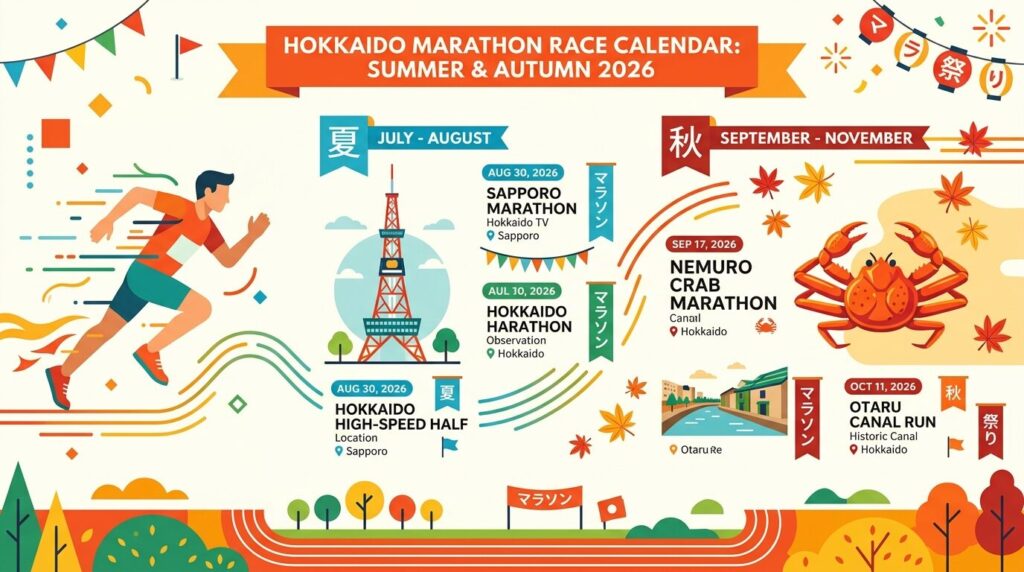 北海道マラソンイベント2026年夏秋カレンダーのインフォグラフィック
